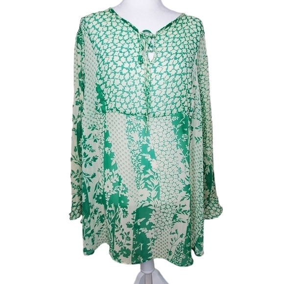 Susan Graver Floral Semi-Sheer Peasant Blouse, Green & Cream Split Neck Tunic 1X - Picture 1 of 12